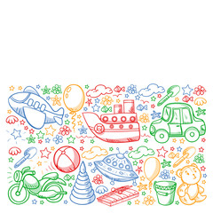 Vector pattern with toys for little kindergarten children. Dinosaur, teddy bear, rocket, ship, airplane, balloon, car, motorcycle, truck.