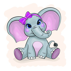 Fototapeta premium Cute elephant with a bow. Children's theme. Cute animal.