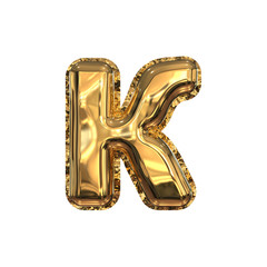 Golden Foil Helium Balloons Cyrillic Typeface. 3D Render Alphabet Isolated on White Background. Russian Letter K.