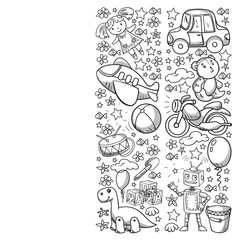 Vector pattern with toys for little kindergarten children. Dinosaur, teddy bear, rocket, ship, airplane, balloon, car, motorcycle, truck.