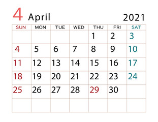 2021年カレンダー　4月