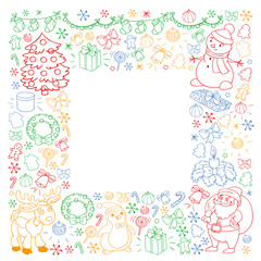 Merry Christmas and happy new year. Santa Claus, deer, snowman, penguin. Vector pattern.