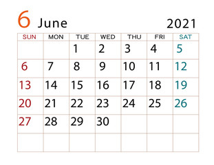 2021年カレンダー　6月