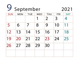 2021年カレンダー　9月