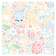 Merry Christmas and happy new year. Santa Claus, deer, snowman, penguin. Vector pattern.