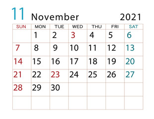 2021年カレンダー　11月