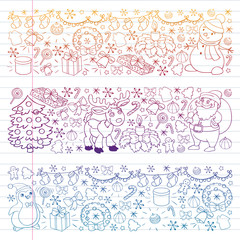 Merry Christmas and happy new year. Santa Claus, deer, snowman, penguin. Vector pattern.