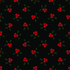 Fototapeta na wymiar Vector seamless pattern with lingonberries on black background; forest berries for fabric, wallpaper, packages, textile, web design.