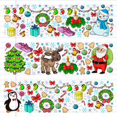 Merry Christmas and happy new year. Santa Claus, deer, snowman, penguin. Vector pattern.