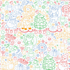 Merry Christmas and happy new year. Santa Claus, deer, snowman, penguin. Vector pattern.