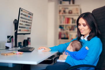 Freelancer Mother Working From Home Holding Baby