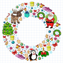 Merry Christmas and happy new year. Santa Claus, deer, snowman, penguin. Vector pattern.