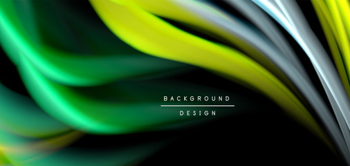 Abstract silk smooth lines on black, multicolored liquid fluid rainbow style waves on black