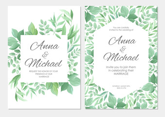 Wedding invitation with green leaves border. Floral invite modern card template set. Vector illustration