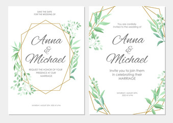 Wedding invitation with green leaves geometric border. Floral invite modern card template set. Vector illustration.