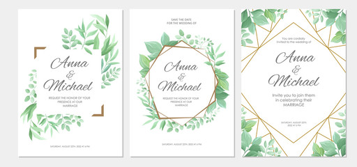 Wedding invitation with green leaves geometric border. Floral invite modern card template set. Vector illustration.