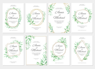 Wedding invitation with green leaves geometric border. Floral invite modern card template set. Vector illustration.