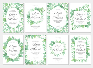 Wedding invitation with green leaves border. Floral invite modern card template set. Vector illustration.