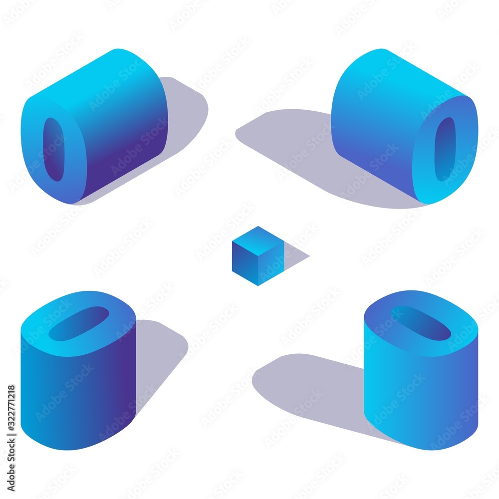 Poster isometric number 0 or letter o in blue color with shadows in various views