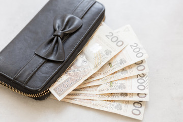 Rich girl or woman from Poland, cute black purse with a bow, full of polish money. 