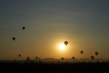 sunrize balloon and Buddhism temples in bagan, myanmar