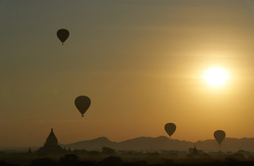 sunrize balloon and Buddhism temples in bagan, myanmar
