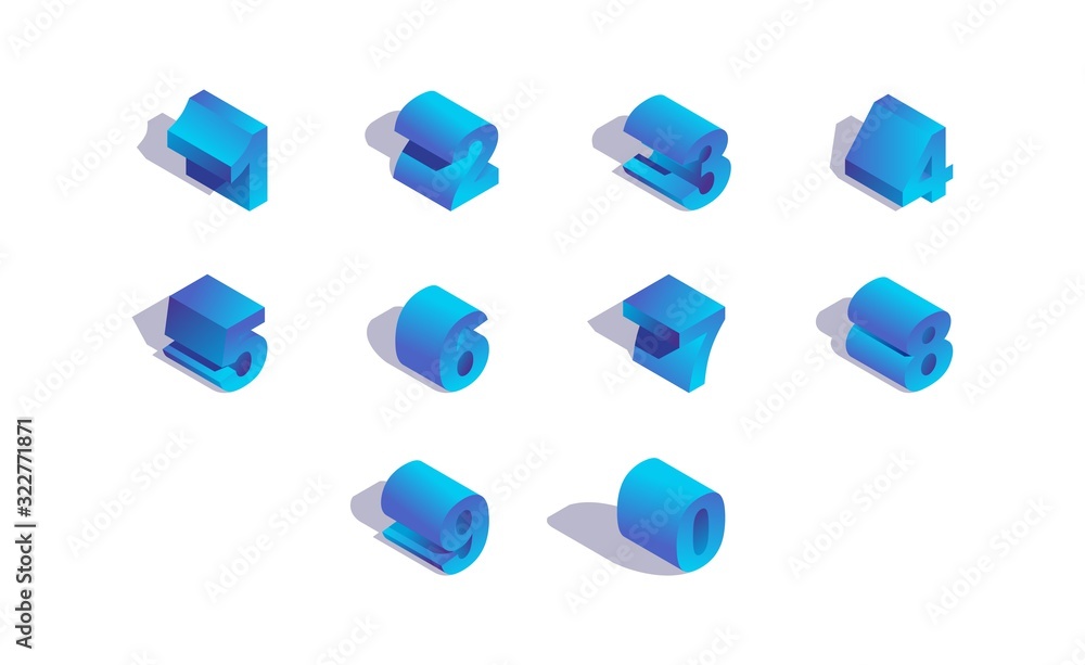 Poster isometric numbers collection in blue color with shadows. digits from zero to nine.