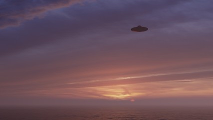 3D illustration. UFO over the sea and waves