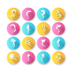 Odor flat design long shadow glyph icons set. Good and bad smell. Heart shape odour, fluid, perfume scent. Evaporation flow. Smog stream, fume swirls. Silhouette RGB color illustration