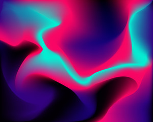 Blurred bright dynamic neon waves. Digital blend of vibrant, modern rainbow hues. Abstract gradients colors mesh background. Vector frequency waveform.