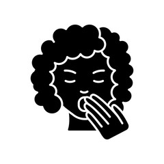 Drowsiness black glyph icon. Sleepy woman. Tired lady. Fatigue and burnout. Early symptom of pregnancy. Sleep deprivation. Insomnia sign. Silhouette symbol on white space. Vector isolated illustration