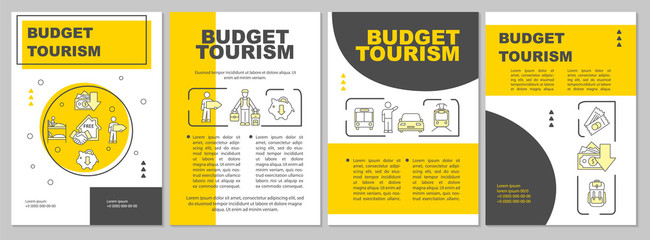 Budget travel brochure template. Cheap tours. Inexpensive voyage. Flyer, booklet, leaflet print, cover design with linear icons. Vector layouts for magazines, annual reports, advertising posters