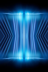 Abstract blue furutic background. Rays and lines, symmetrical reflection, blue neon. Abstract empty scene with beams and light of spotlights.