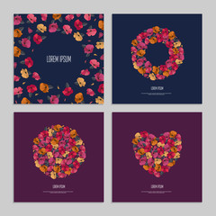 Set of covers for business and greeting cards. Square template backgrounds for post on social network. Abstract hand drawing blooming sakura on dark background Vector illustration
