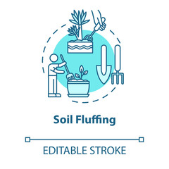 Soil fluffing concept icon. Indoor flowers concern. Houseplants caring. Potted ground loosen idea thin line illustration. Vector isolated outline RGB color drawing. Editable stroke