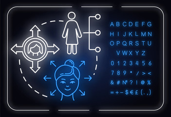 Fototapeta premium Freedom of choice neon light concept icon. Reproductive behaviour. Womens rights. Gender equality idea. Outer glowing sign with alphabet, numbers and symbols. Vector isolated RGB color illustration