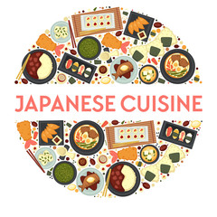 Japanese cuisine traditional dishes icons set in circle
