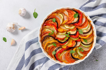 Vegetarian food. French cuisine. Ratatouille. Traditional homemade vegetable dish. Healthy nutrition. Top view, copy space. Recipe, menu