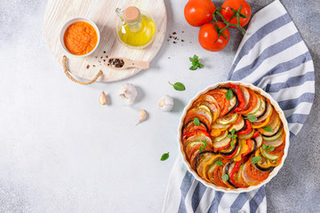 Ratatouille. Traditional french homemade vegetable dish. Vegetarian food. Copy space, top view. Menu, recipe
