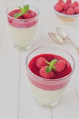 Italian dessert Panna cotta with white chocolate and raspberry sauce, fresh berries and mint