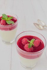 Italian dessert Panna cotta with white chocolate and raspberry sauce, fresh berries and mint
