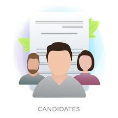 Different job search candidates flat vector icon with CV resumes on the background. Headhunter chooses and hiring the best employee. Recruitment and HR headhunting agency concept