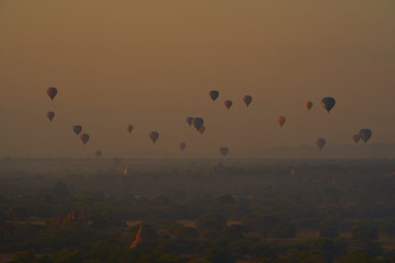 sunrize balloon and Buddhism temples in bagan, myanmar