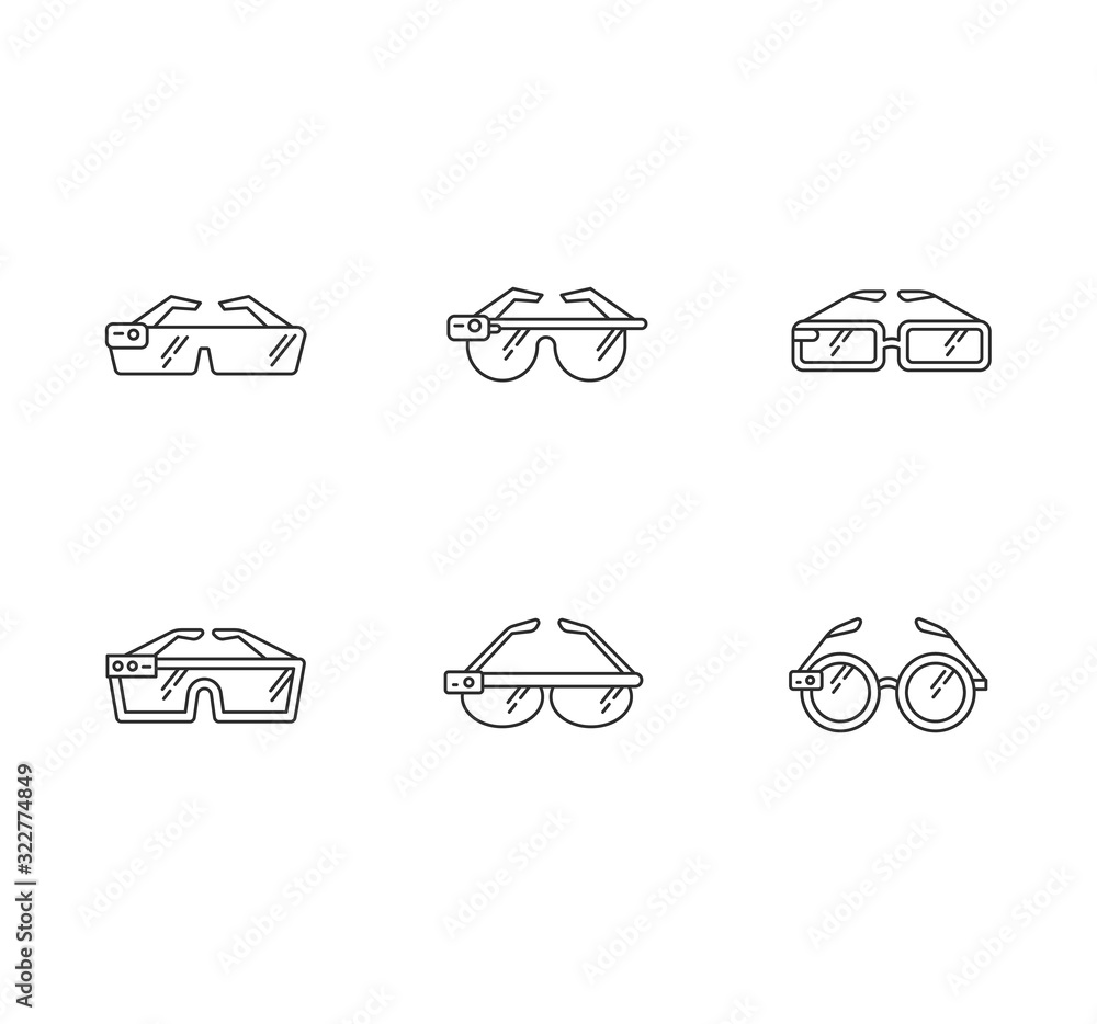Poster smart glasses pixel perfect linear icons set. smartglasses. wearable gadgets. augmented reality. cus