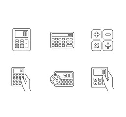 Pocket calculators pixel perfect linear icons set. Mathematical calculation. Quick counting. Accounting. Customizable thin line contour symbols. Isolated vector outline illustrations. Editable stroke
