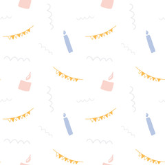 Happy birthday party seamless pattern with sweet colors on white background. concept for background, greeting card, decorative elements. Hand draw illustration.