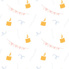 Happy birthday party seamless pattern with sweet colors on white background. concept for background, greeting card, decorative elements. Hand draw illustration.