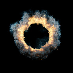 Brennender Kreis aus Feuer mit Rauch vor Schwarz