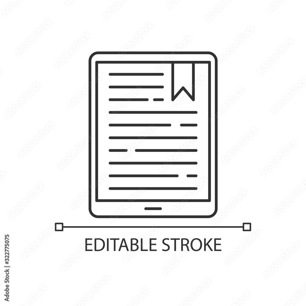 Poster handheld e-reader pixel perfect linear icon. e-book. electronic book. digital reading. touchpad. thi