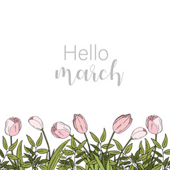 Hand drawn lettering Hello March with pink flowers and leaves. illustration. Design for wedding invitations, greeting cards. Spring time. © Nina